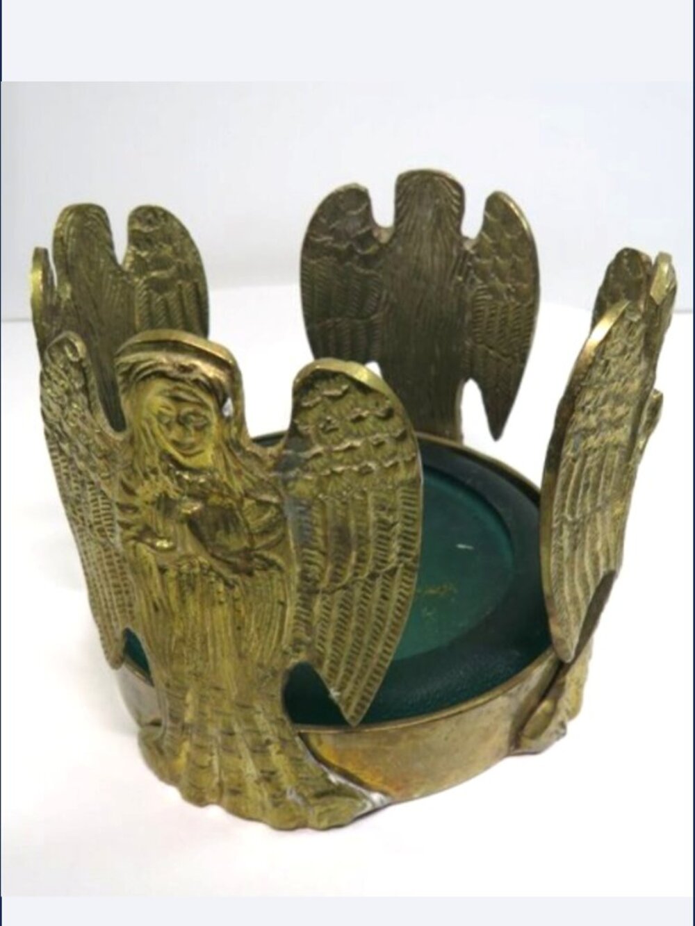 Vintage Solid Brass Angel Pillar Candle Holder Centerpiece India Green Glass